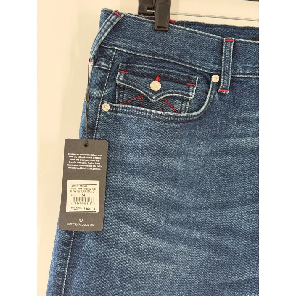 True Religion Ricky SN Flap Straight Jeans Dark Shivering Wash Red Stitch 36